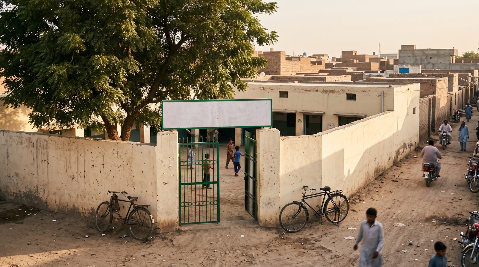 The school's boundary wall and green iron gate on the street in Bawa Safra, Multan, with a neem tree beside it.