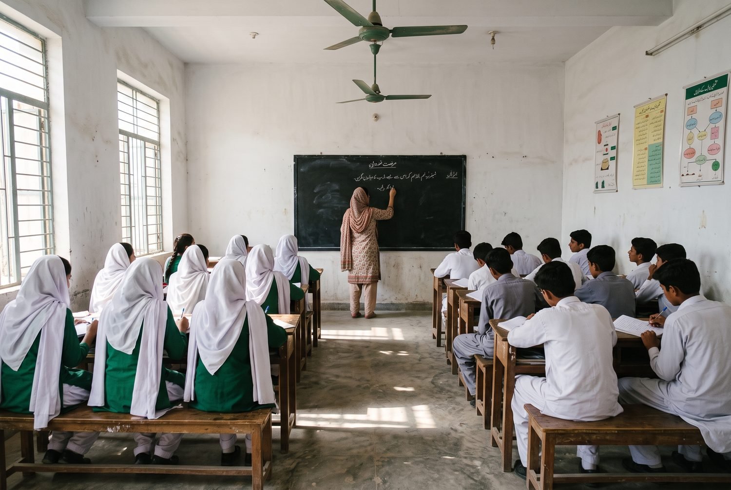 A teacher writing on the chalkboard while secondary students take notes at wooden desks.